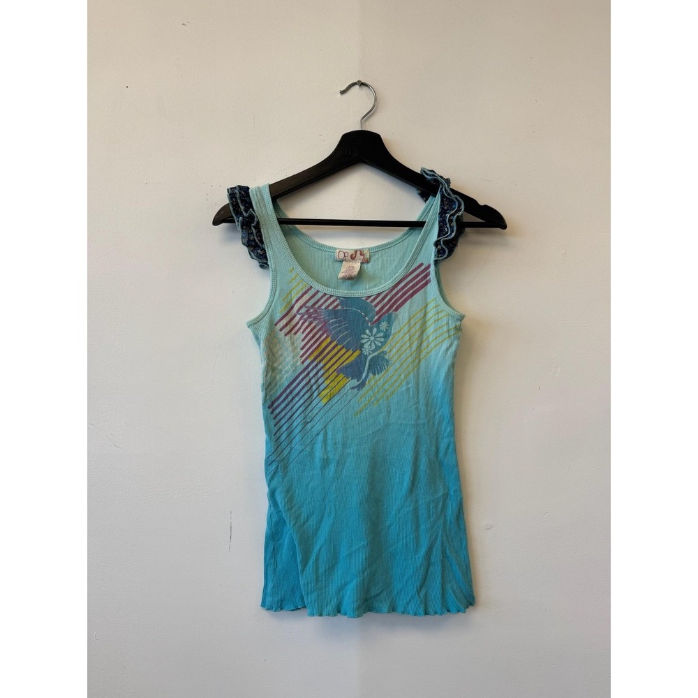 Vintage OP Ocean Pacific Shirt Girls Large Aqua Blue Tank Top Ribbed Graphic Y2K